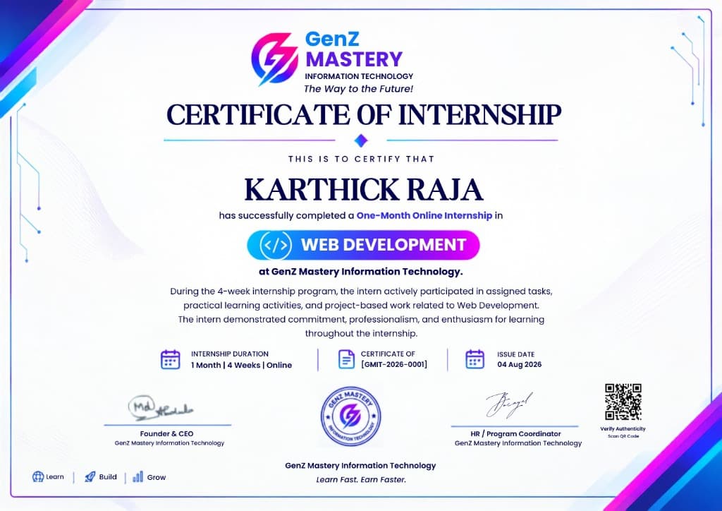 GenZ Mastery Certificate of Internship - Karthick Raja Web Development